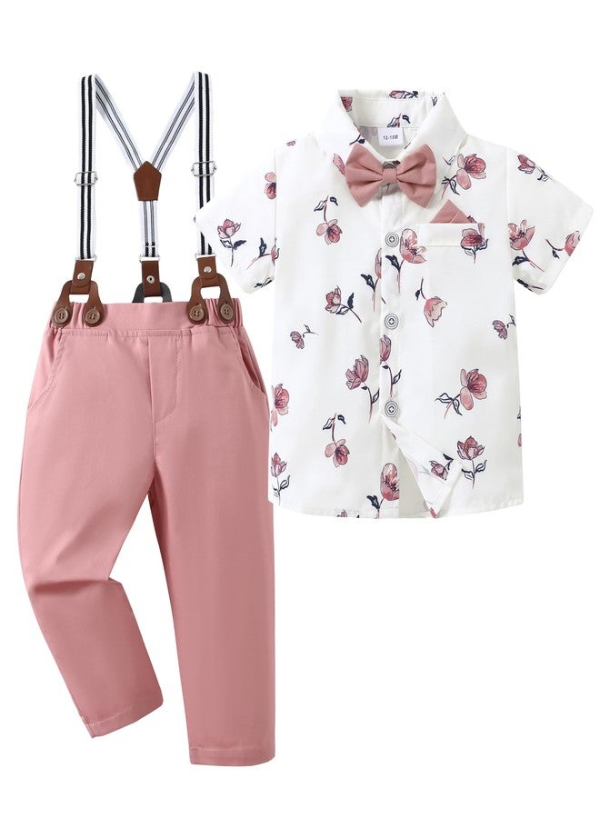 nilikastta Boys Wedding Outfit Toddler Boy Formal Outfit Pink Short Dress Shirt With Bowtie/Suspender Pants 3-4T. - Image 1